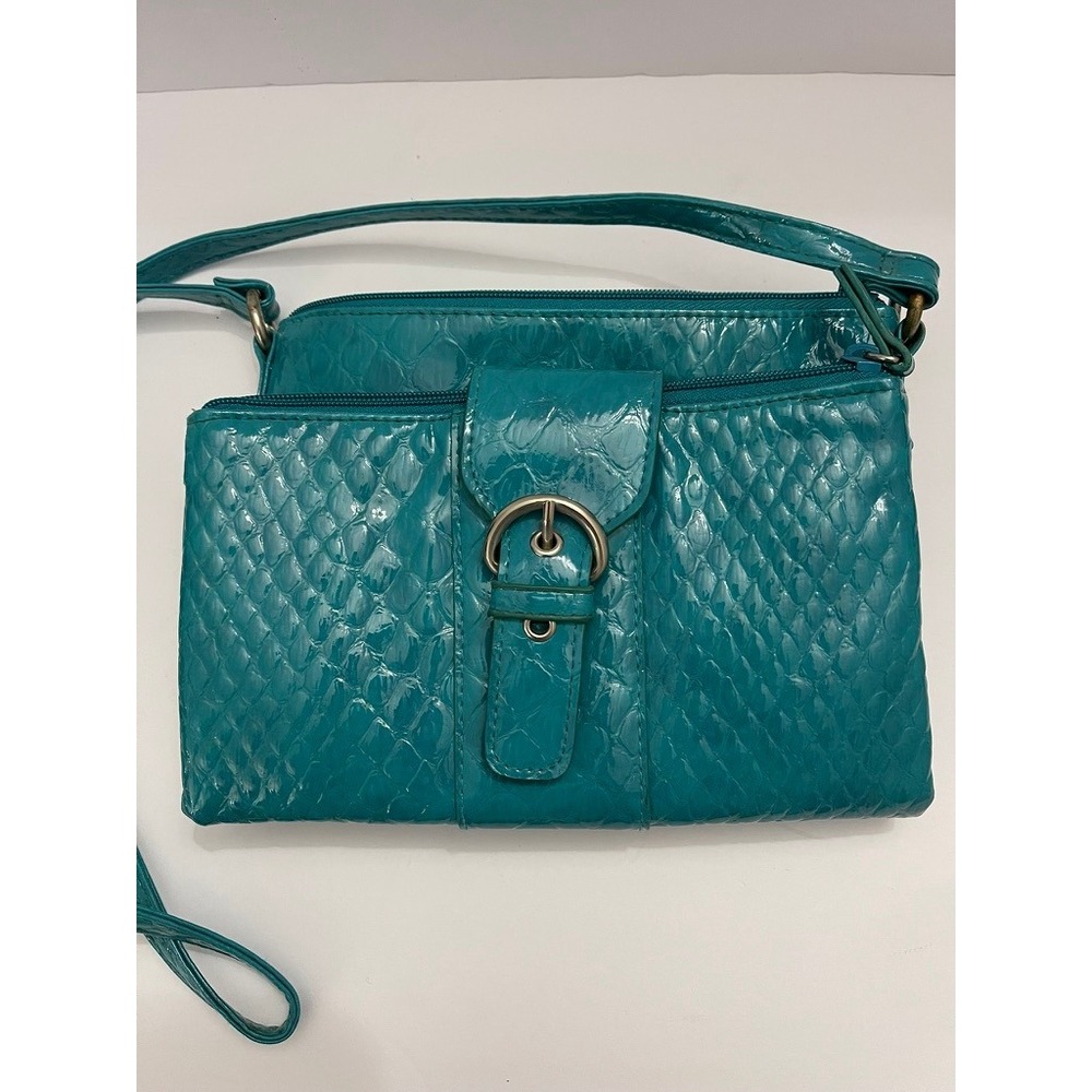 Teal Faux Snakeskin Crossbody Bag Multi-Pocket Organizer Purse Built-in Wallet